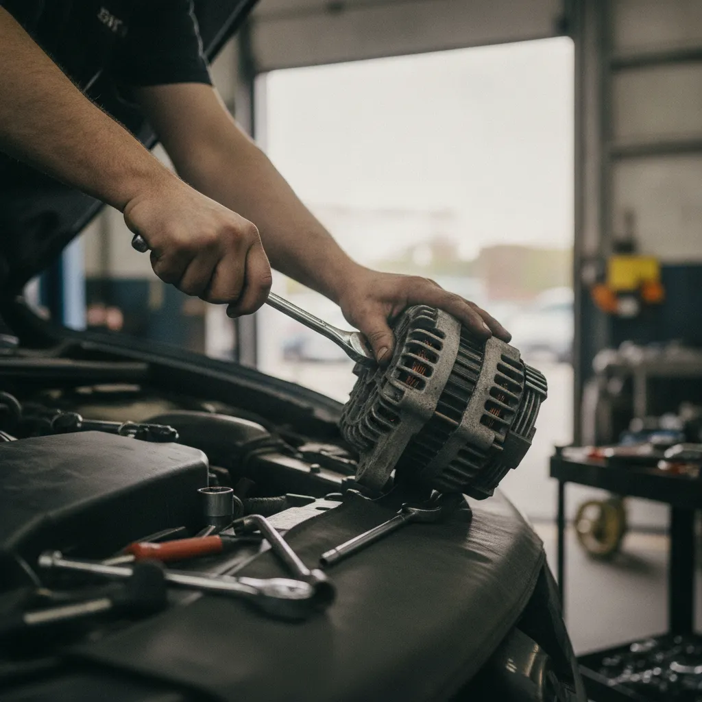 Démontage d'un alternateur d'occasion dans un atelier de mécanique automobile
