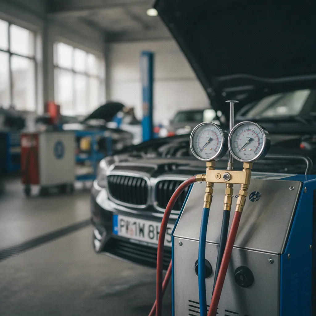 Station de recharge climatisation branchée sur le circuit pour mesurer les pressions haute et basse