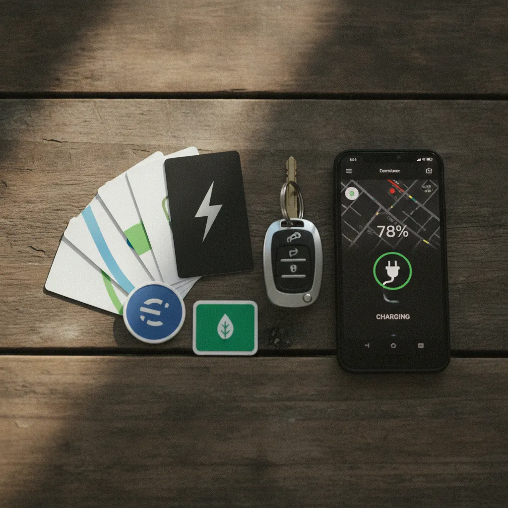 Plusieurs cartes et badges de recharge électrique posés à côté d'un smartphone avec application de recharge