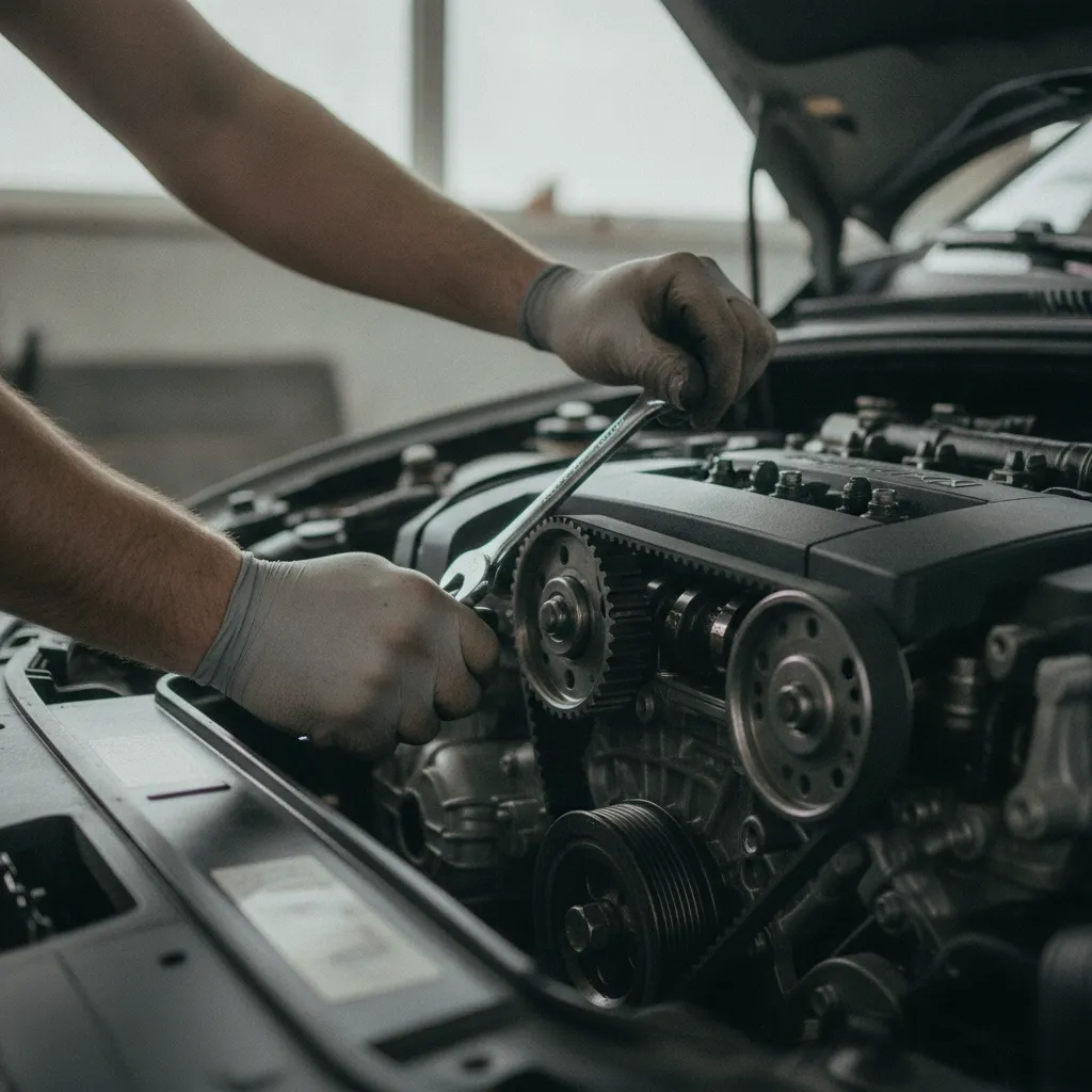 Remplacement d'une courroie de distribution sur un moteur Peugeot en atelier