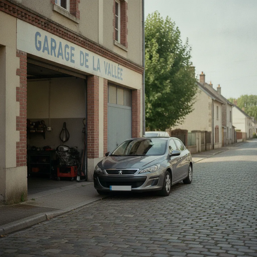 Peugeot 308 devant un garage indépendant pour un changement de courroie