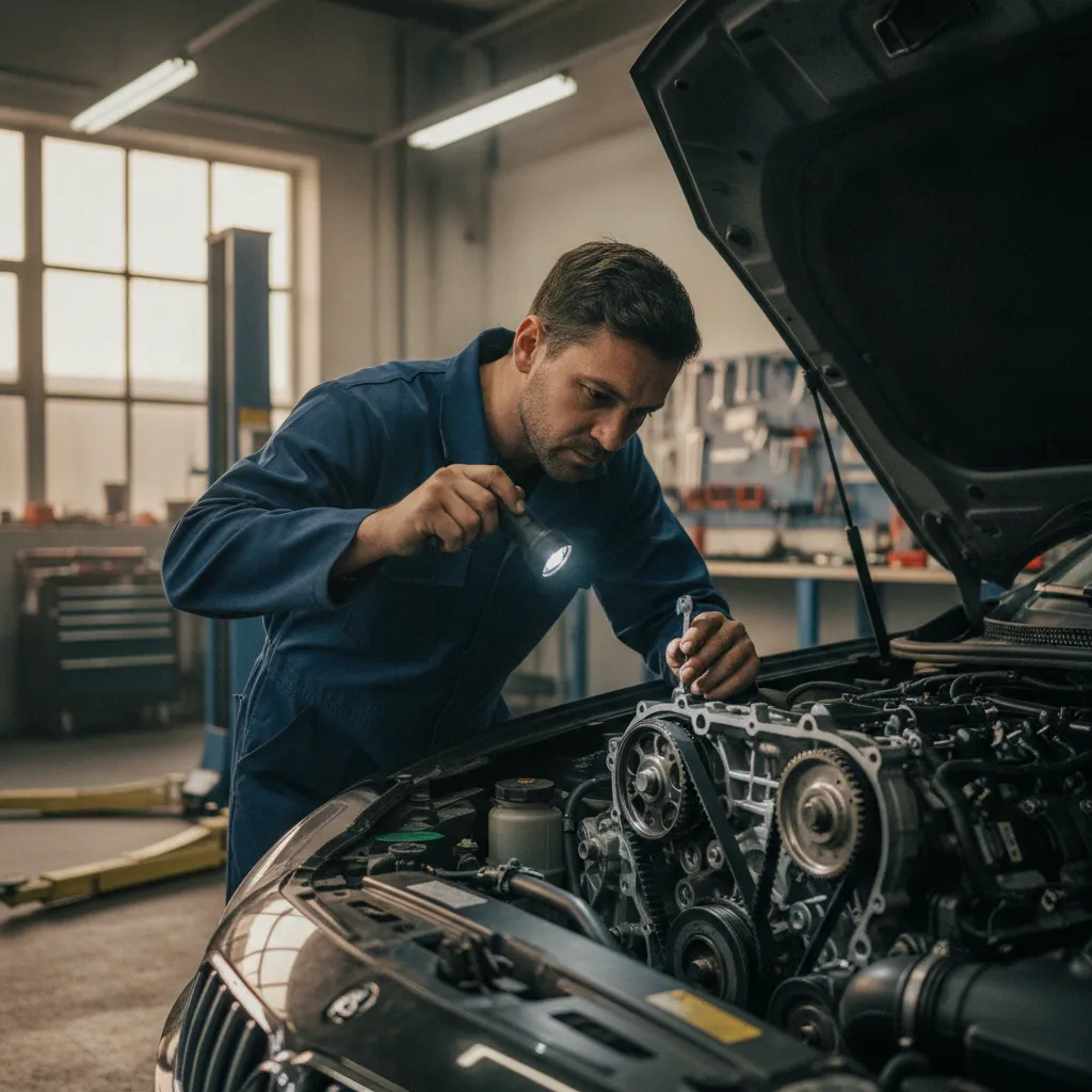 Mécanicien inspectant le système de distribution d'un moteur lors d'une révision