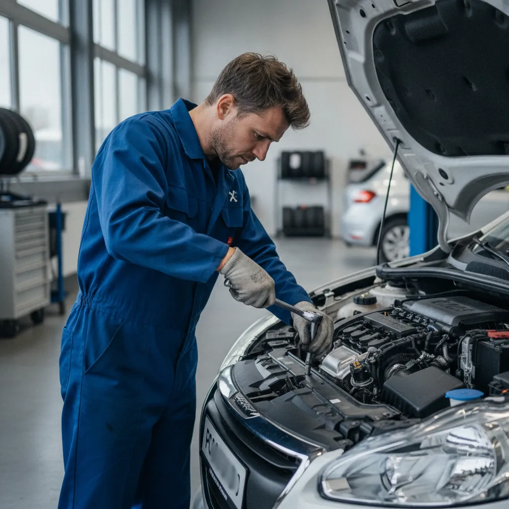 Mécanicien professionnel en train de remplacer la courroie de distribution dans un atelier automobile