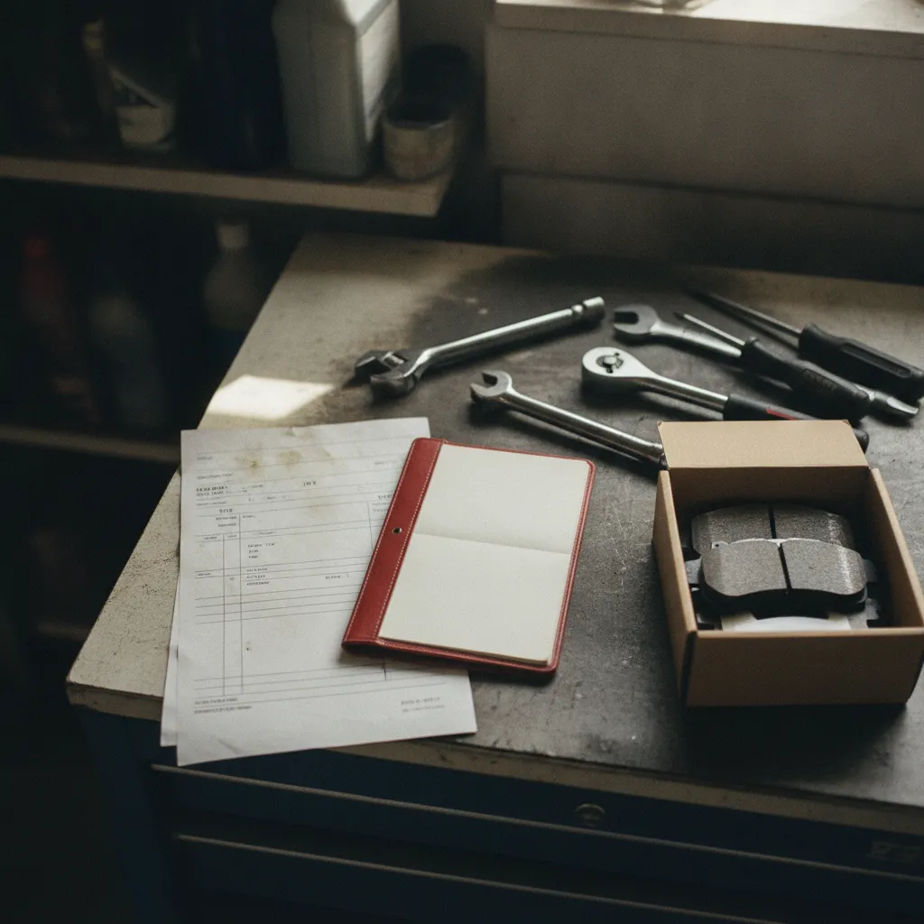 Carnet d'entretien et devis de révision sur un établi de garage