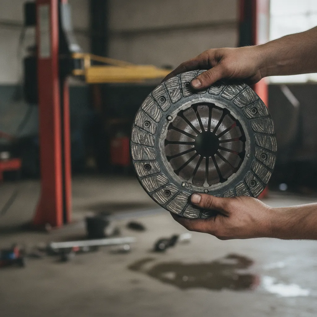 Disque d'embrayage usé montrant les garnitures de friction amincies