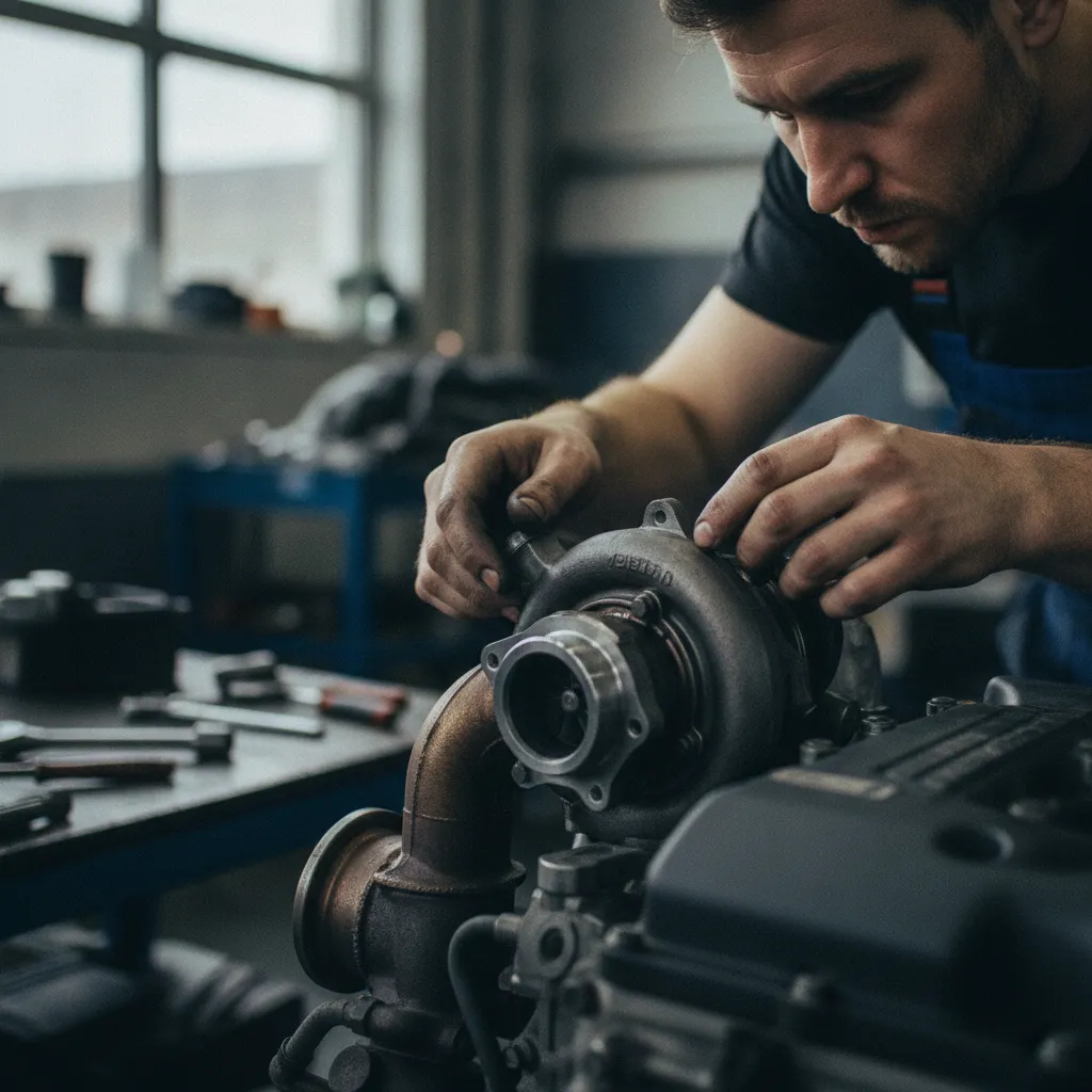 Inspection du turbocompresseur sur un moteur diesel dans un garage professionnel