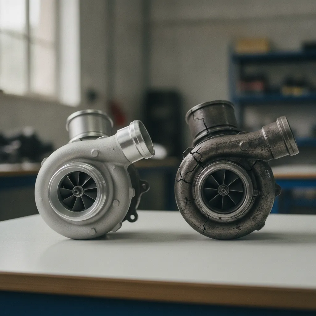 Comparaison entre un turbo neuf et un turbo usé présentant des signes d'usure avancée