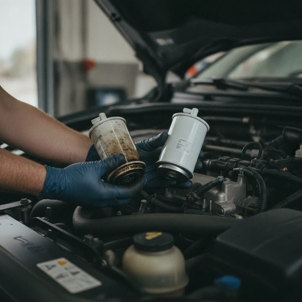 Comparaison entre un filtre à carburant diesel usagé et un filtre neuf