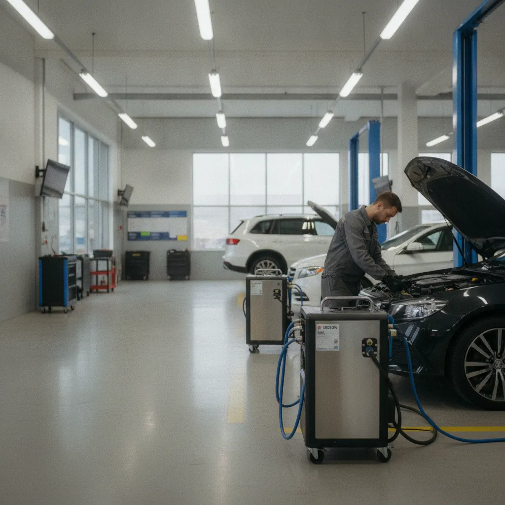Atelier d'un centre auto équipé pour la recharge de climatisation automobile