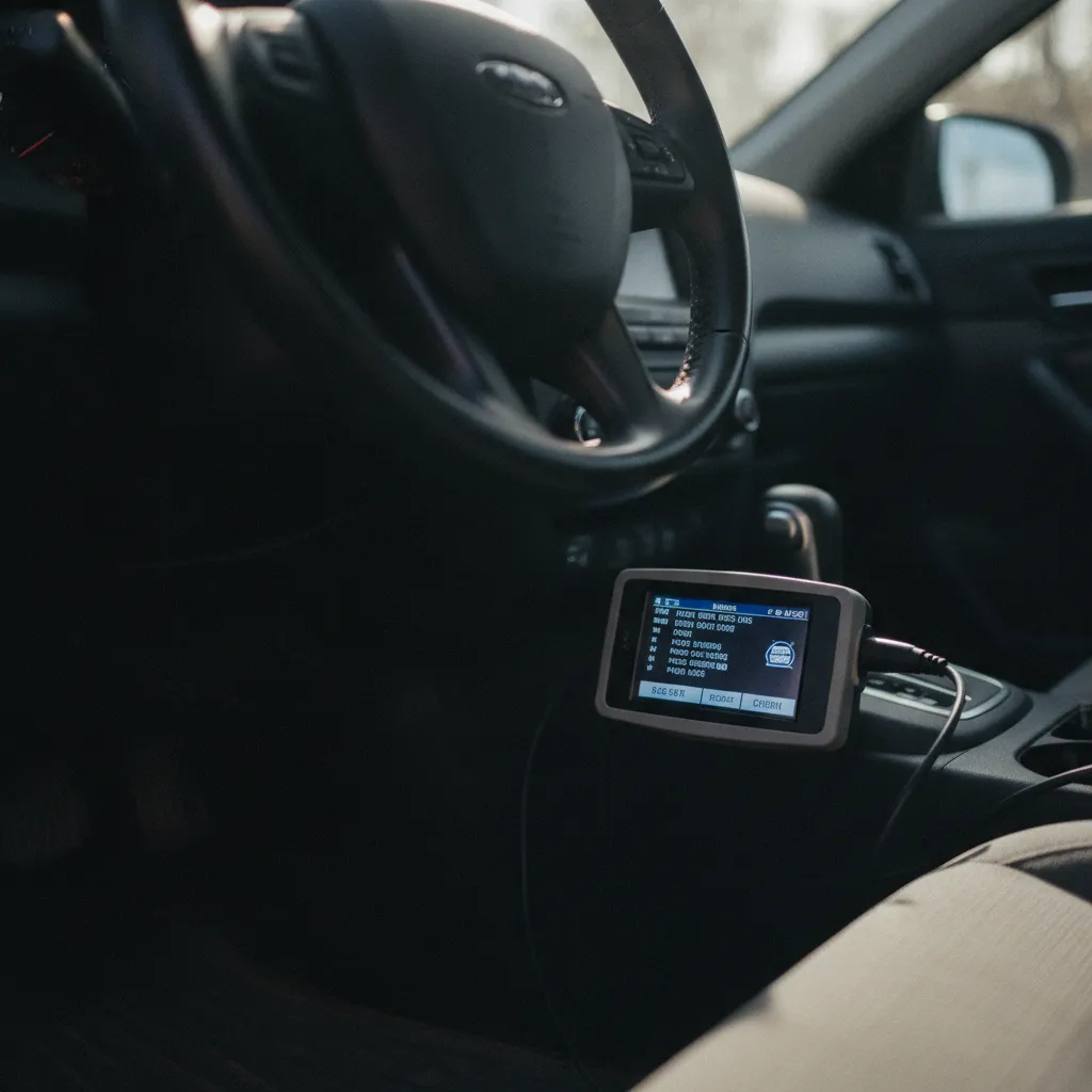 Lecteur OBD2 branché sur la prise diagnostic d'un Dacia Duster
