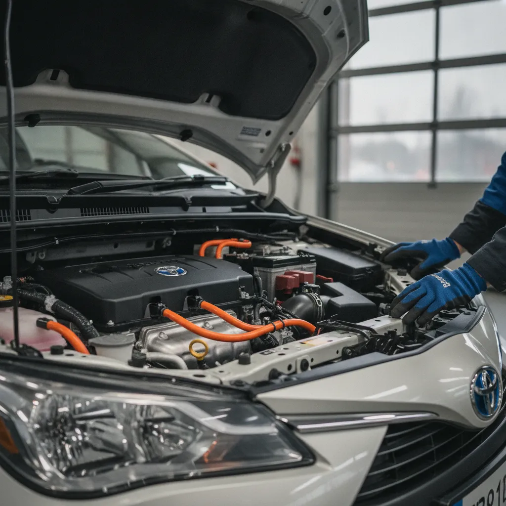 Compartiment moteur d'une Toyota Yaris Hybride avec les câbles haute tension orange