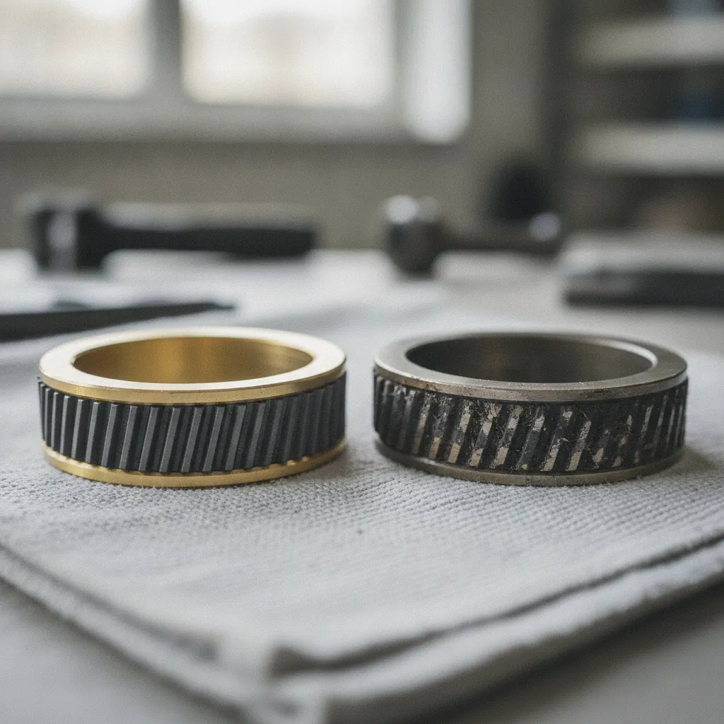 Comparaison entre un synchro neuf et un synchro usé avec matériau de friction consommé