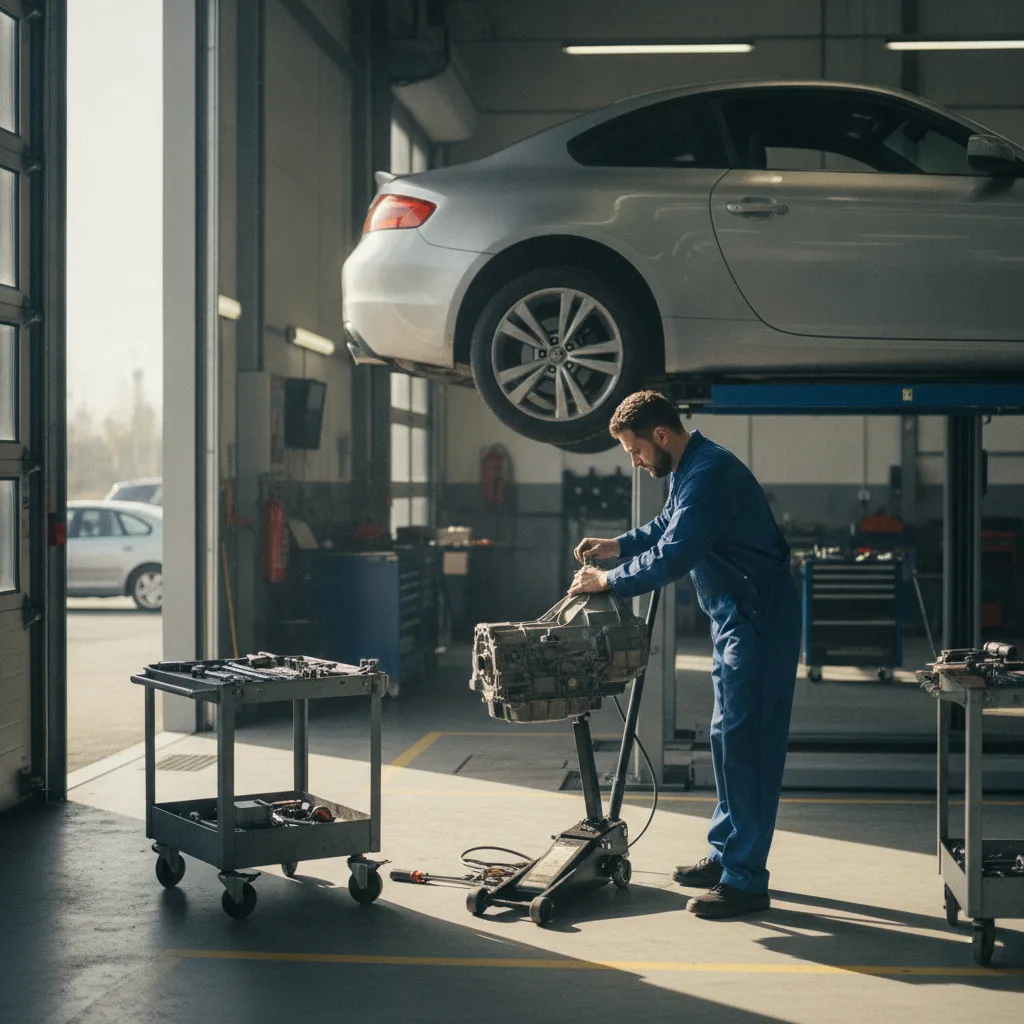 Dépose de la boîte de vitesse à l'aide d'un pont élévateur en atelier professionnel