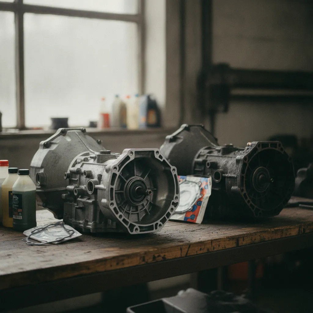 Boîte de vitesse reconditionnée prête à être reposée, à côté de l'ancienne boîte usée