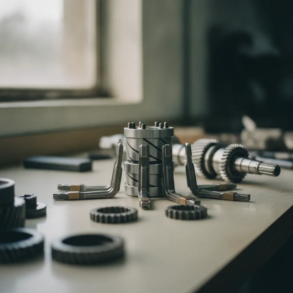 Barillet de sélection, fourchettes et crabots d'une boîte séquentielle démontée en atelier