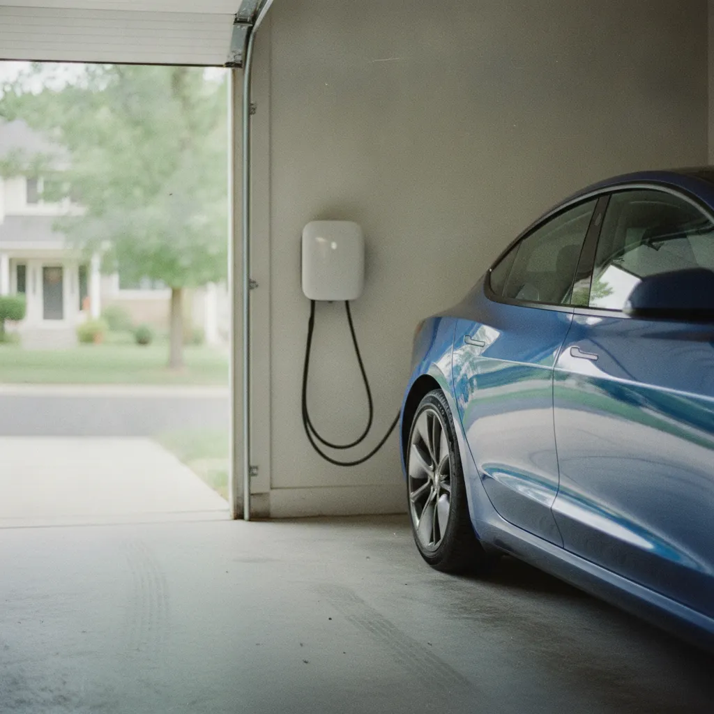 Borne de recharge domestique de type wallbox installée dans un garage résidentiel