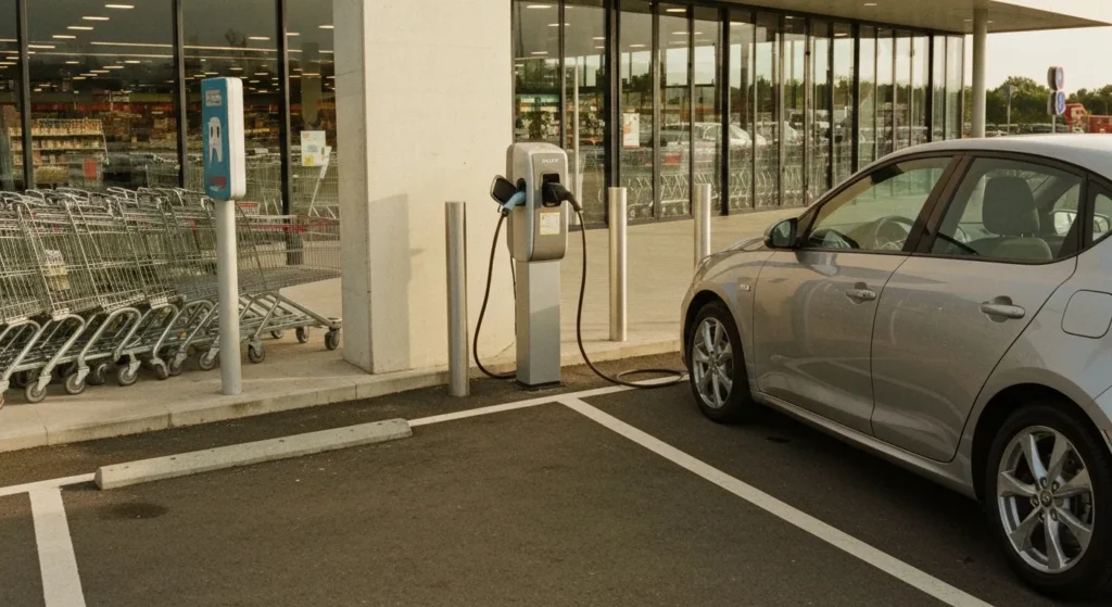 Recharger son véhicule électrique sur le parking du supermarché pendant les courses