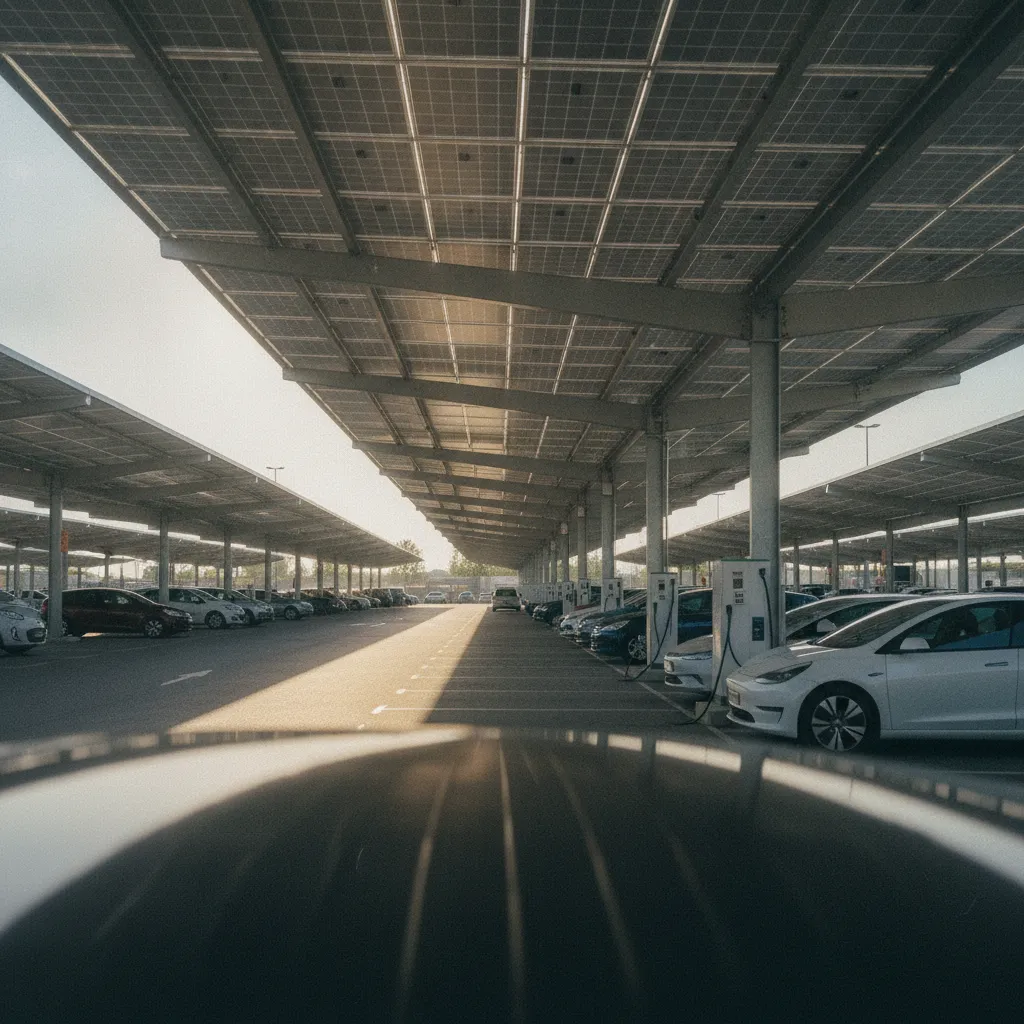 Les ombrières photovoltaïques alimentent directement les bornes de recharge sur les grands parkings