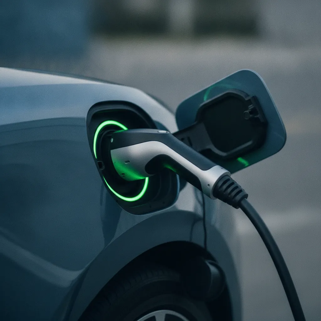 Prise de recharge rapide branchée sur un véhicule électrique avec témoin lumineux vert