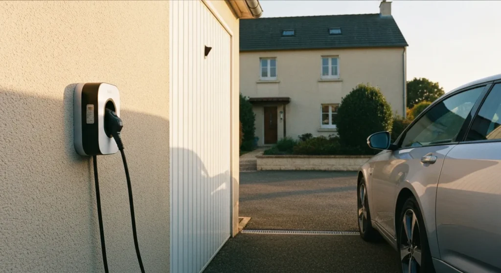 Borne de recharge murale installée dans le garage d'une maison individuelle