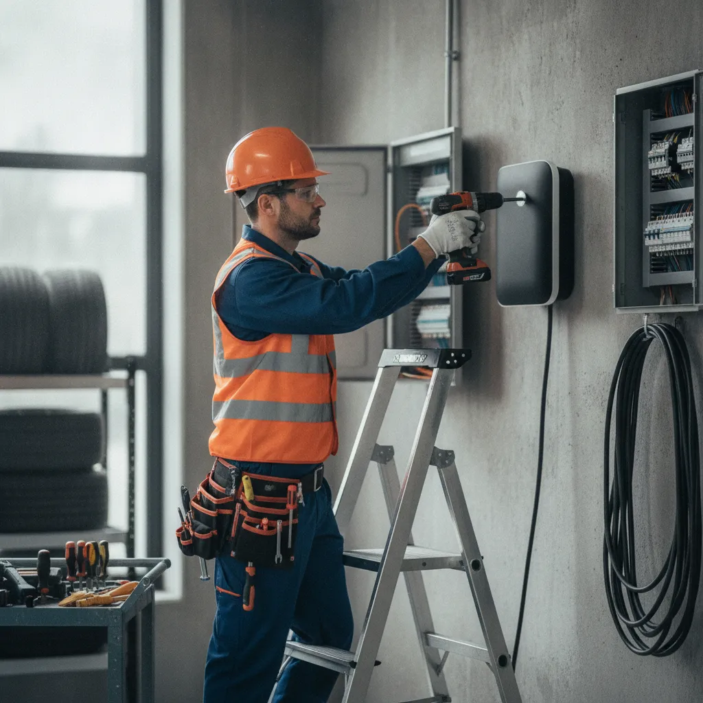 Un électricien certifié IRVE procède à l'installation d'une borne de recharge domestique