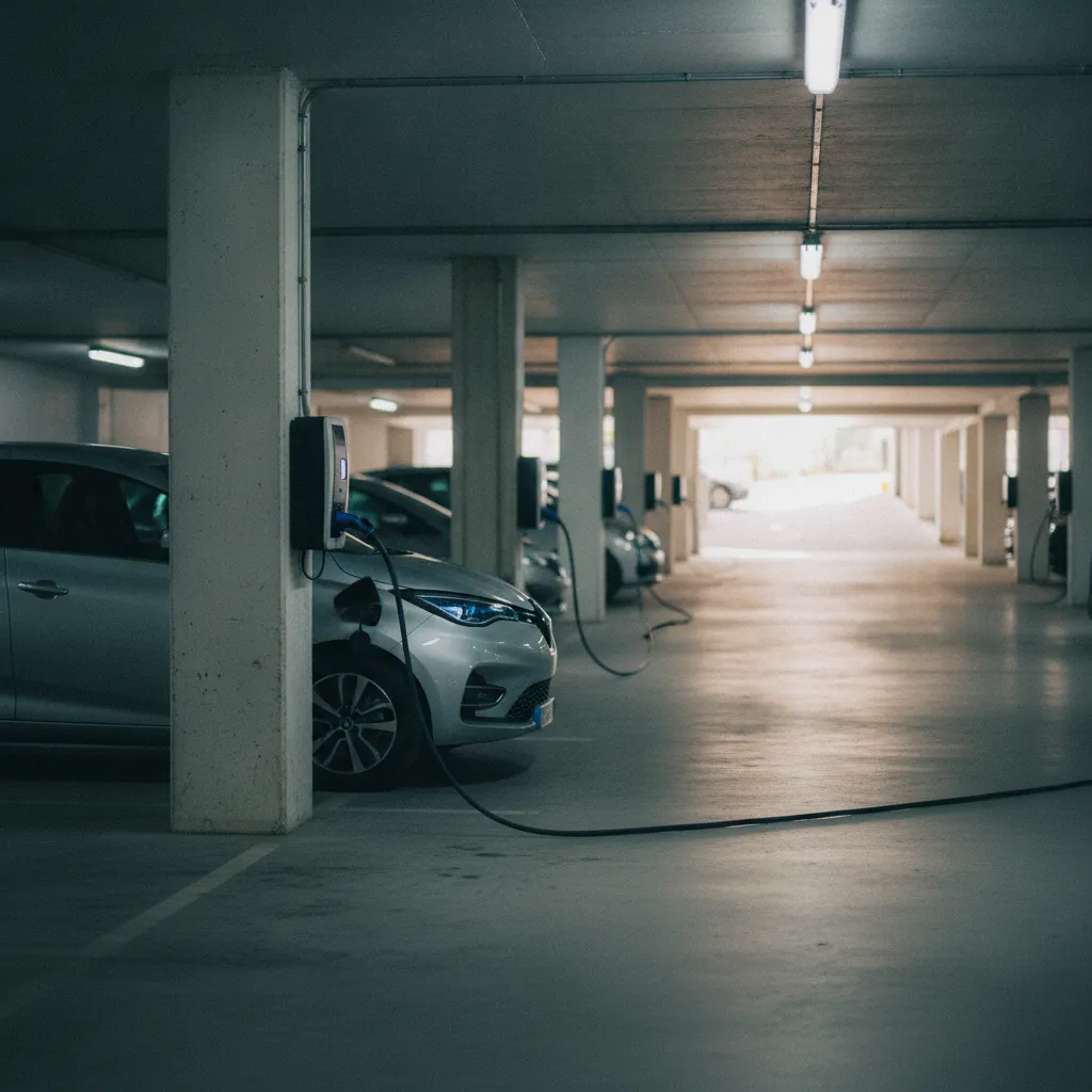 Bornes de recharge installées dans le parking souterrain d'une copropriété
