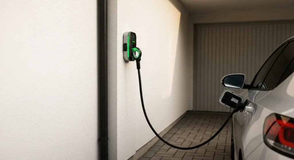 Une borne de recharge IRVE installée dans un garage résidentiel avec un véhicule électrique en cours de charge