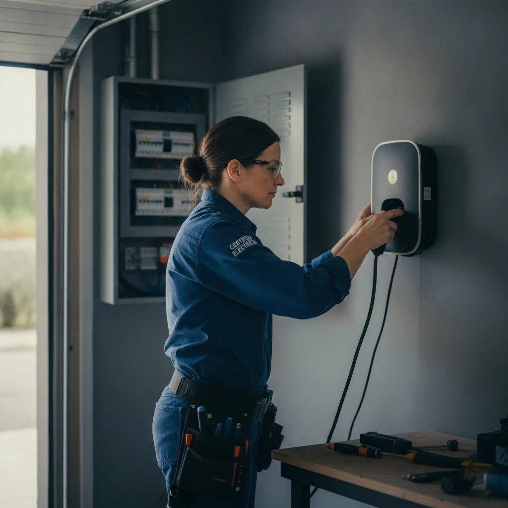 Un installateur certifié IRVE raccorde une borne de recharge au tableau électrique