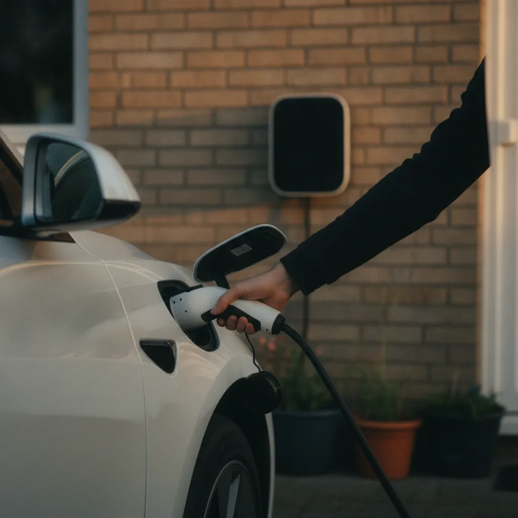 Connecteur de type 2 branché sur un véhicule électrique en recharge à domicile