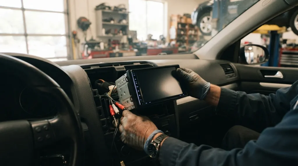 Installation d'un autoradio double DIN à écran tactile dans un atelier spécialisé