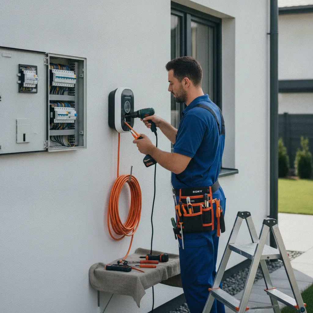 Technicien certifié IRVE en train de poser une borne de recharge sur le mur extérieur d'une maison