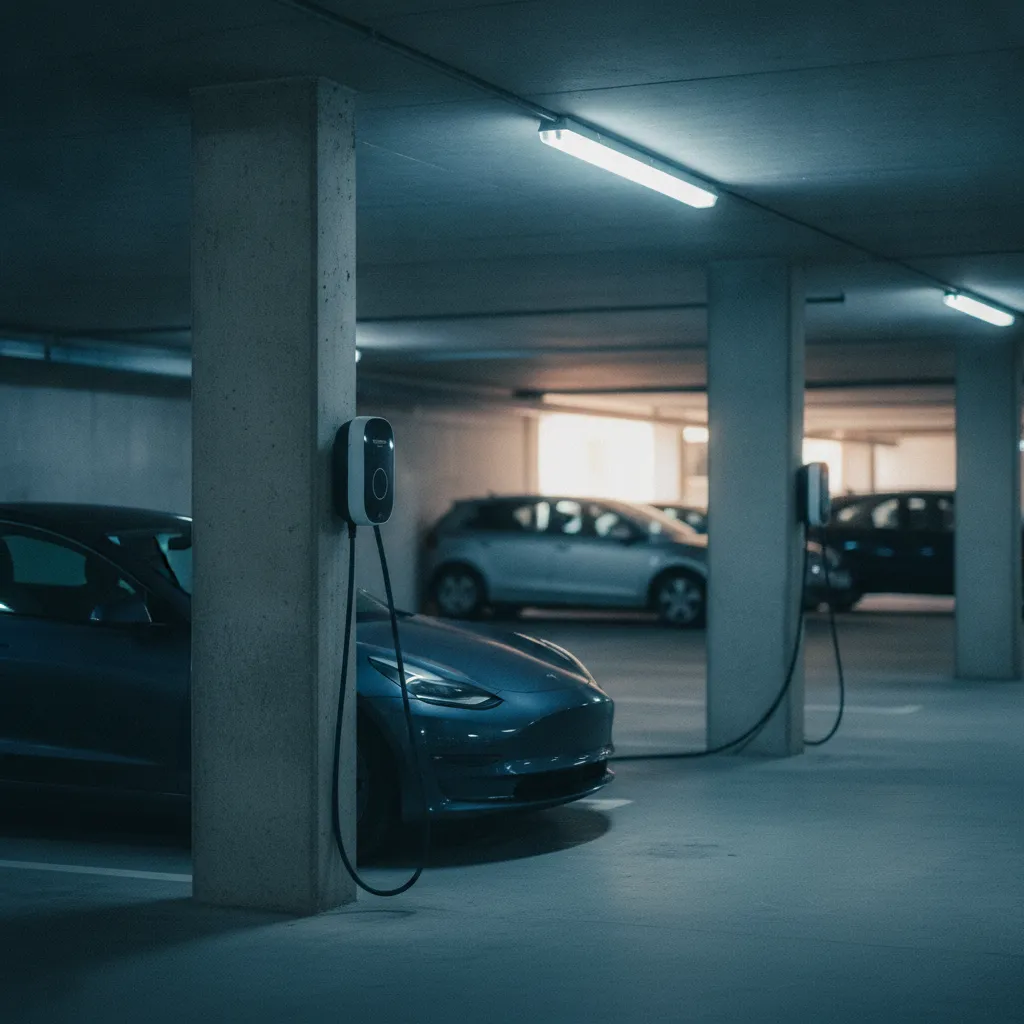 Bornes de recharge installées dans le parking souterrain d'une copropriété
