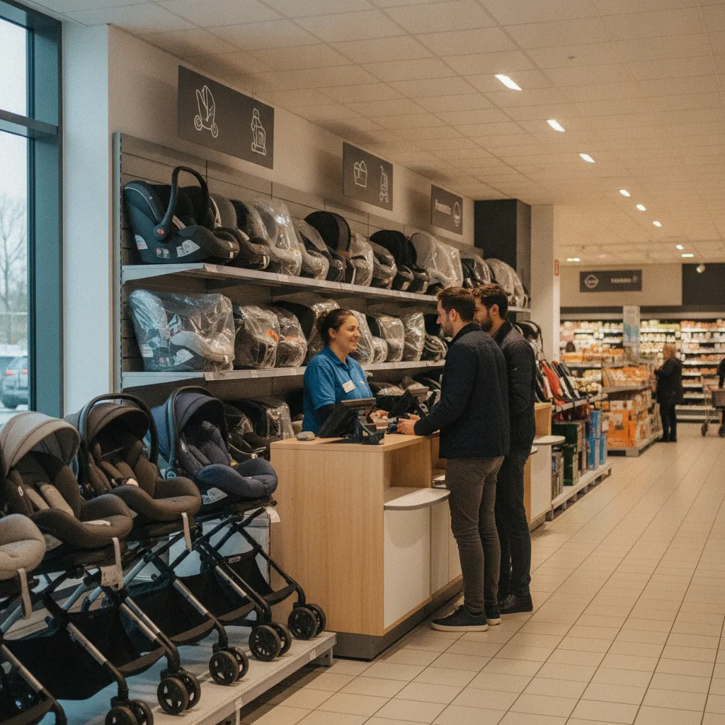 Le comptoir location d'un hypermarché proposant du matériel de puériculture