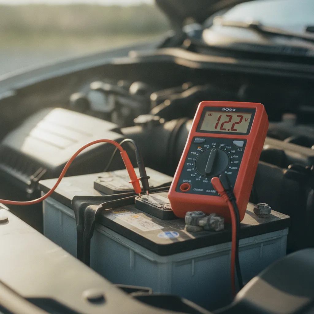 Mesure de la tension d'une batterie au multimètre pour vérifier son état de charge