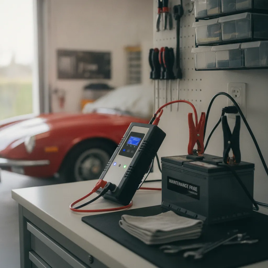 Chargeur intelligent branché sur secteur en train de recharger une batterie démontée