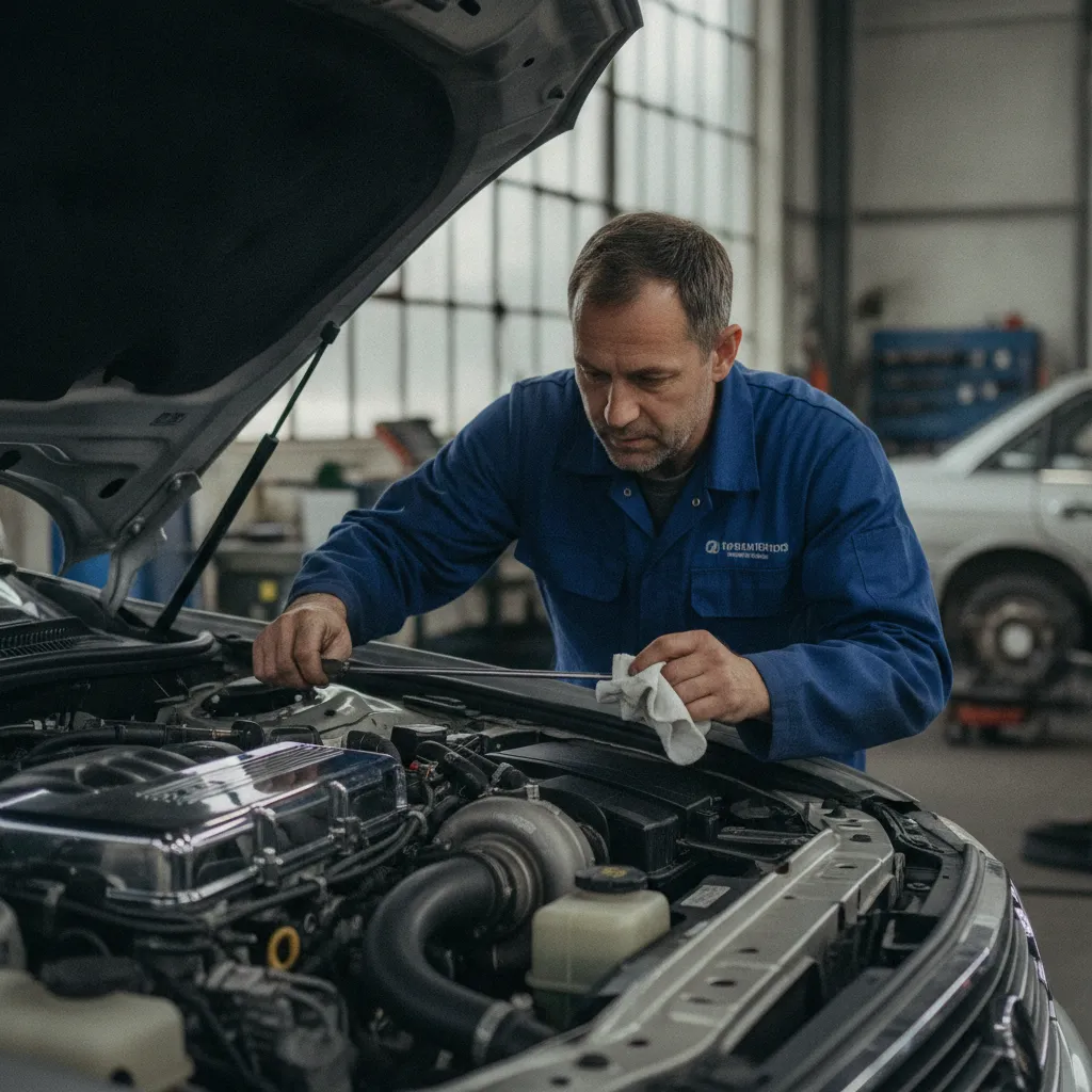 Vérification du niveau d'huile moteur à la jauge dans un atelier professionnel
