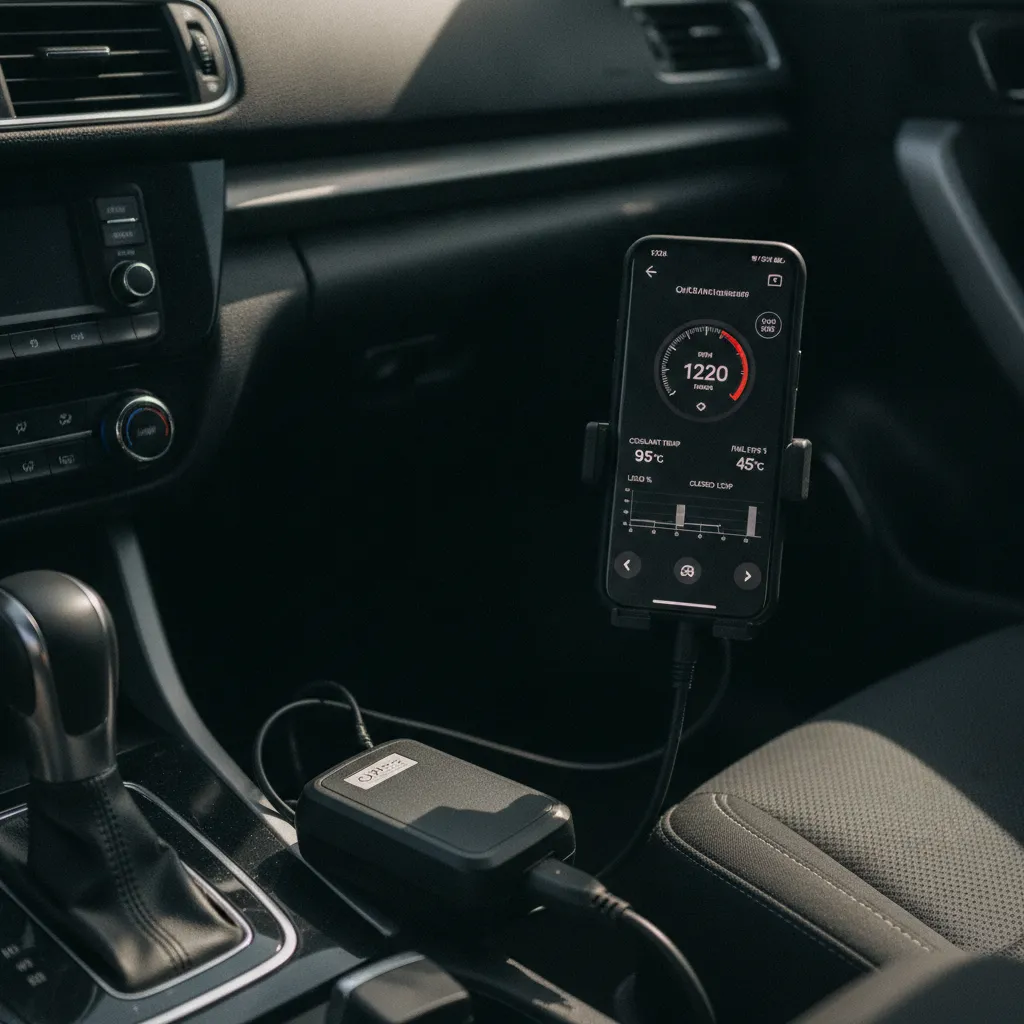 Lecteur OBD2 connecté à la prise diagnostic pour surveiller la température d'huile en temps réel