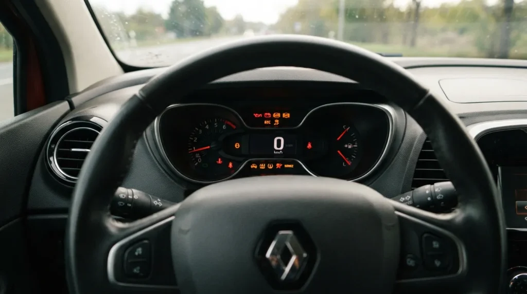 Tableau de bord du Renault Captur avec plusieurs voyants d'alerte allumés simultanément