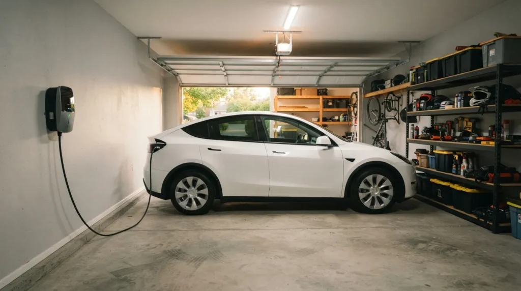 Borne de recharge murale installée dans un garage résidentiel, raccordée à un véhicule électrique